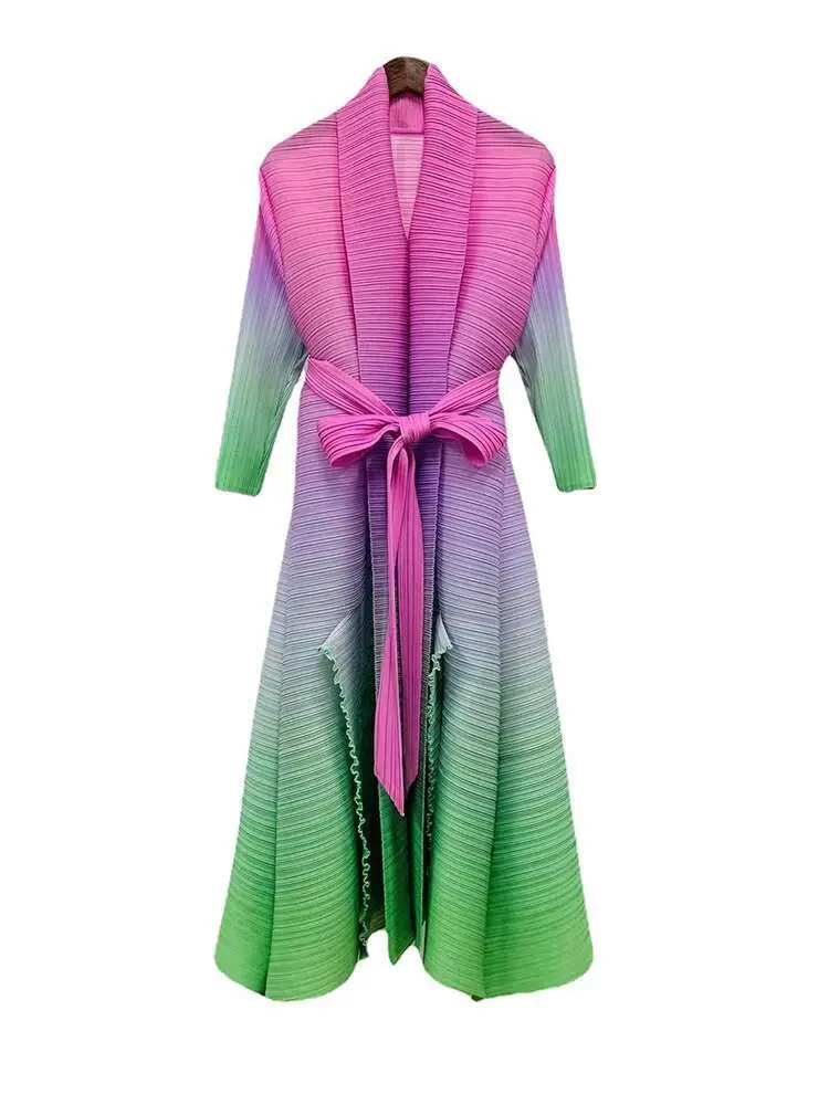 LANMREM Contrast Color Pleated Dress For Women Open Stitch Belt Midi Elegant Dresses Ladies Party Clothing 2025 Spring 2R7326