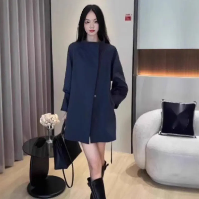 LANMREM Stand Collar Beige Trench Coat For Women 2025 Autumn Mid-Length British Style Design Simple Fashionable Jacket 2DB4205