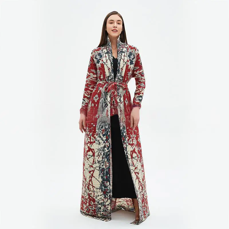 LANMREM Printting Lightweight Pleated Women's Long Robe Elastic Loose Lapel Lace Up Design Long Sleeve Trench Coat Chic 2DB4237