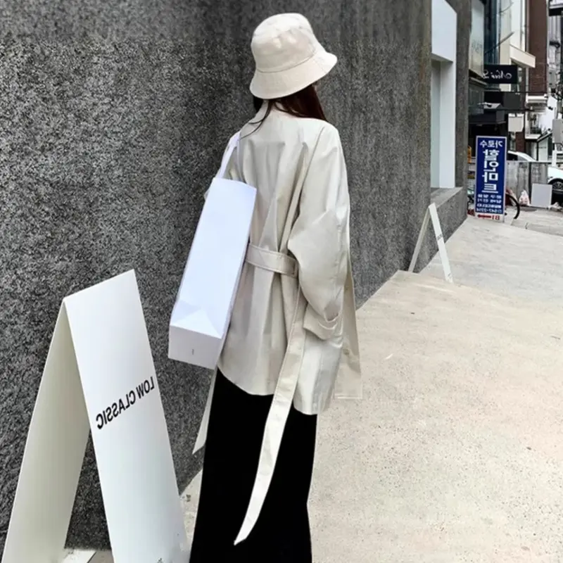 LANMREM Stand Collar Beige Trench Coat For Women 2025 Autumn Mid-Length British Style Design Simple Fashionable Jacket 2DB4205