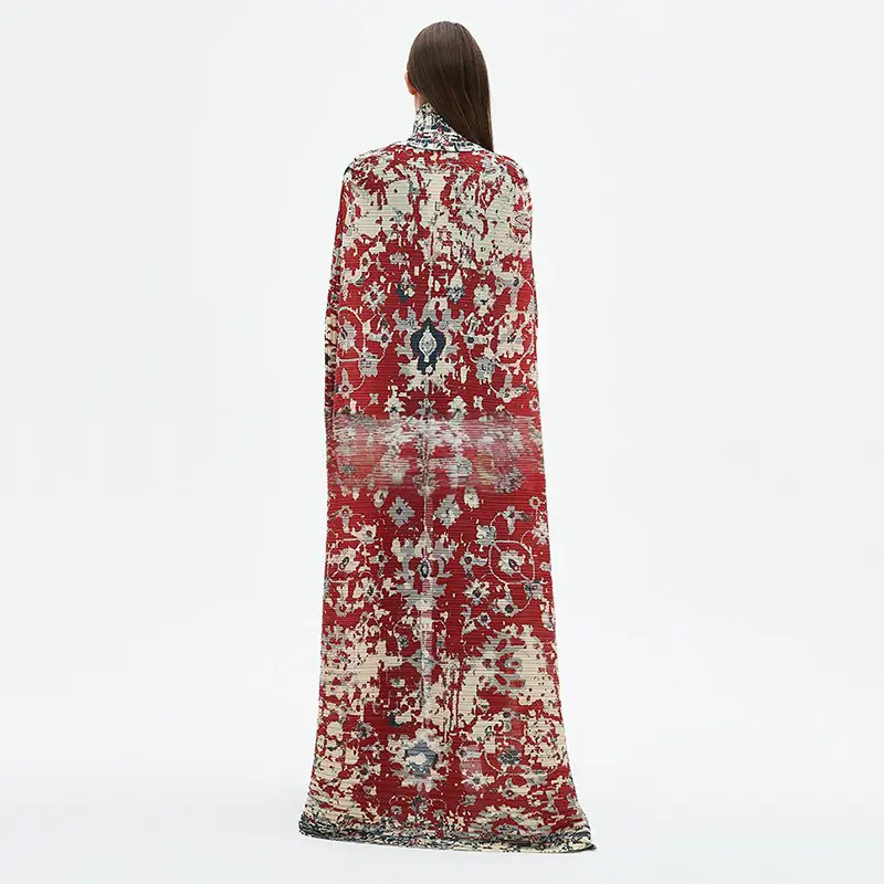 LANMREM Printting Lightweight Pleated Women's Long Robe Elastic Loose Lapel Lace Up Design Long Sleeve Trench Coat Chic 2DB4237