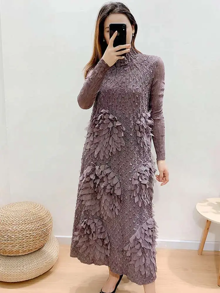 LANMREM Flower Pleated Dress Long Sleeves Turtleneck Loose Elegant Dresses For Women Party Clothes 2025 New Autumn 2M244