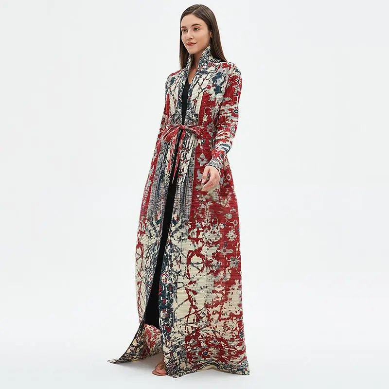 LANMREM Printting Lightweight Pleated Women's Long Robe Elastic Loose Lapel Lace Up Design Long Sleeve Trench Coat Chic 2DB4237