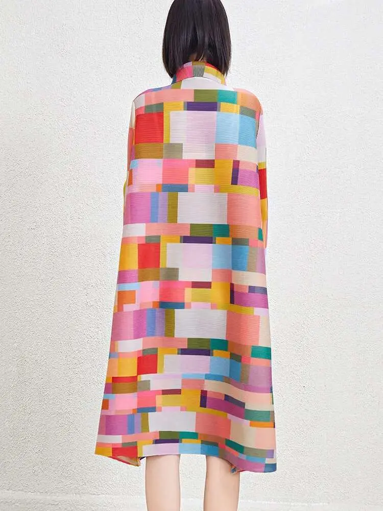 LANMREM Printed Geometric Dress Women's Spring New Lapel Single Breasted Color Block Loose A-line Stretch Dresses 2DB2204