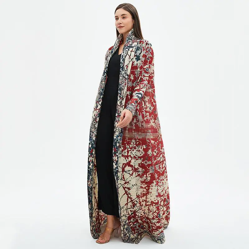 LANMREM Printting Lightweight Pleated Women's Long Robe Elastic Loose Lapel Lace Up Design Long Sleeve Trench Coat Chic 2DB4237
