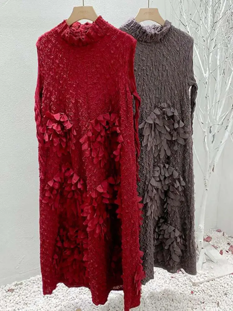 LANMREM Flower Pleated Dress Long Sleeves Turtleneck Loose Elegant Dresses For Women Party Clothes 2025 New Autumn 2M244