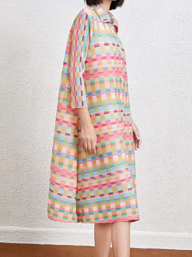 LANMREM Printed Geometric Dress Women's Spring New Lapel Single Breasted Color Block Loose A-line Stretch Dresses 2DB2204