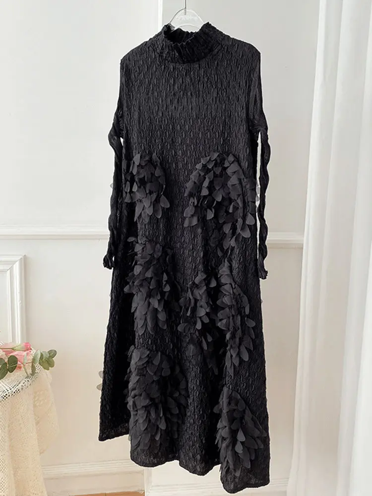 LANMREM Flower Pleated Dress Long Sleeves Turtleneck Loose Elegant Dresses For Women Party Clothes 2025 New Autumn 2M244