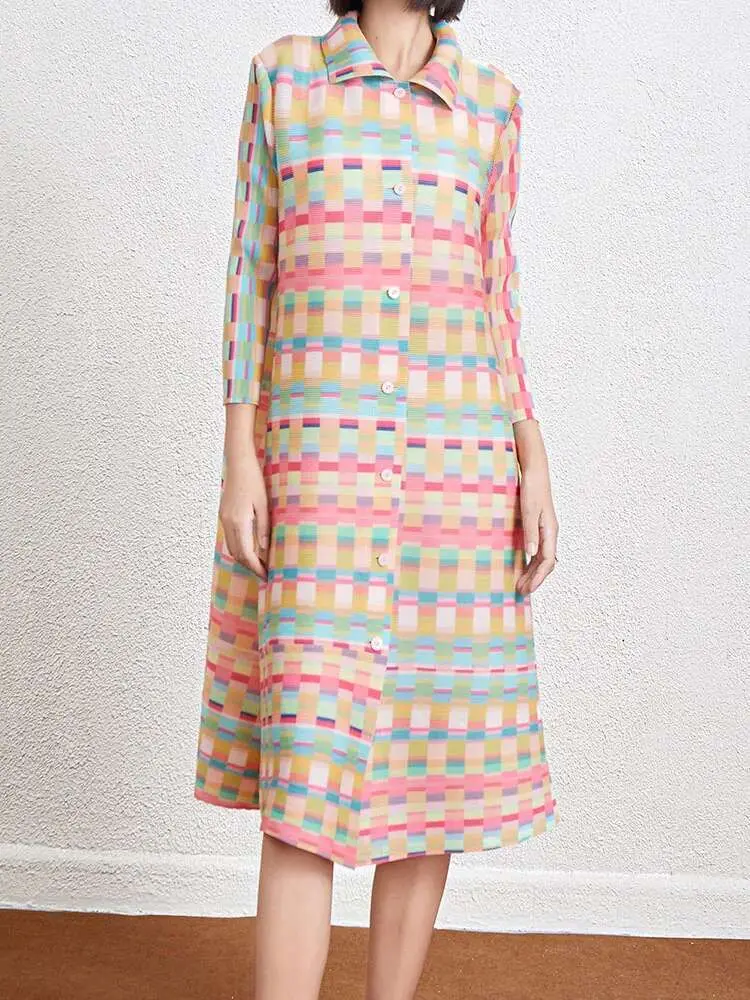 LANMREM Printed Geometric Dress Women's Spring New Lapel Single Breasted Color Block Loose A-line Stretch Dresses 2DB2204