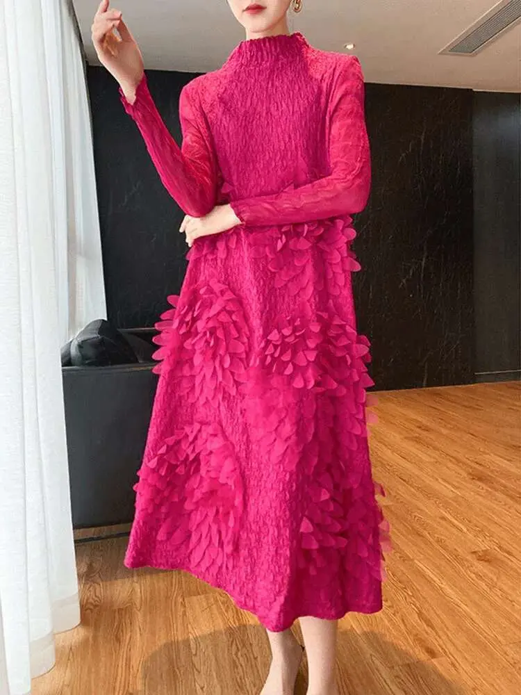 LANMREM Flower Pleated Dress Long Sleeves Turtleneck Loose Elegant Dresses For Women Party Clothes 2025 New Autumn 2M244