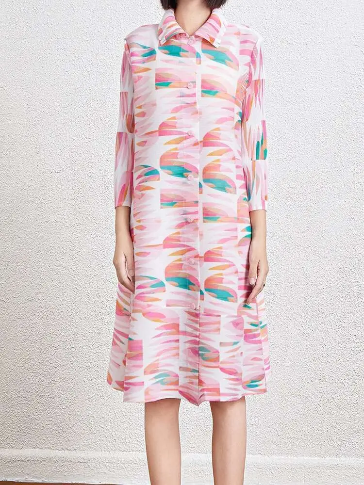 LANMREM Printed Geometric Dress Women's Spring New Lapel Single Breasted Color Block Loose A-line Stretch Dresses 2DB2204