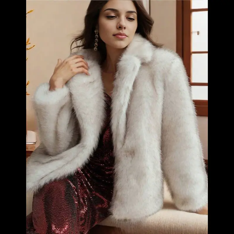 LANMREM High Qualtiy Women's White Notched Collar Faux Fur Coat Winter Casual Warm Loose Short Jackets Party Clothing 2DB4117