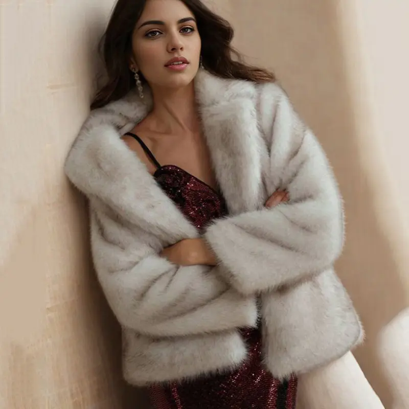 LANMREM High Qualtiy Women's White Notched Collar Faux Fur Coat Winter Casual Warm Loose Short Jackets Party Clothing 2DB4117