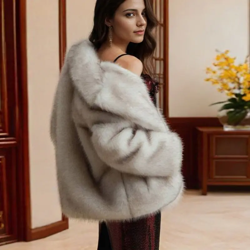 LANMREM High Qualtiy Women's White Notched Collar Faux Fur Coat Winter Casual Warm Loose Short Jackets Party Clothing 2DB4117