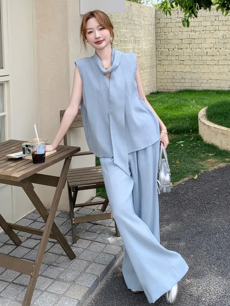 LANMREM Korean Style Elegant Cotton Linen Sleeveless Top + Wide-leg Pants Two-piece Set 2025 Summer New Fashion Clothes 2DM1006