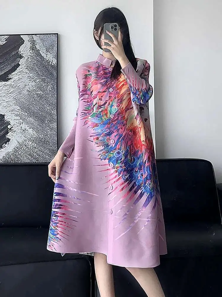 LANMREM Printed Ethnic Style Elegant Pleated Dress Women Stand Collar Long Sleeves Color Block Fashion Dresses 2DA7805