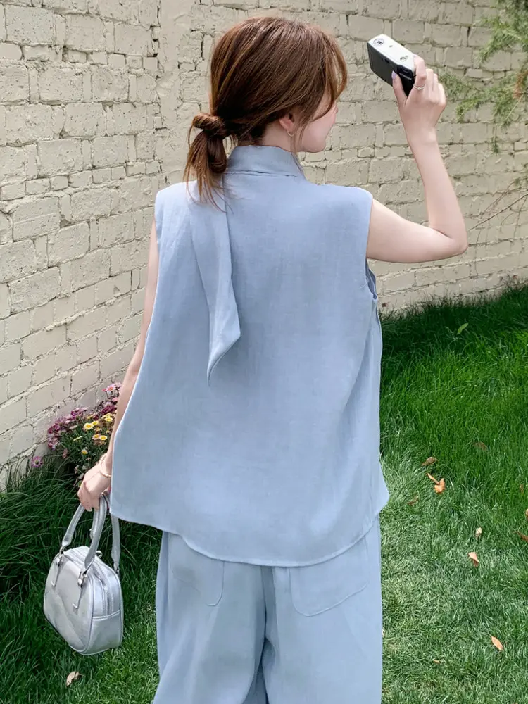 LANMREM Korean Style Elegant Cotton Linen Sleeveless Top + Wide-leg Pants Two-piece Set 2025 Summer New Fashion Clothes 2DM1006