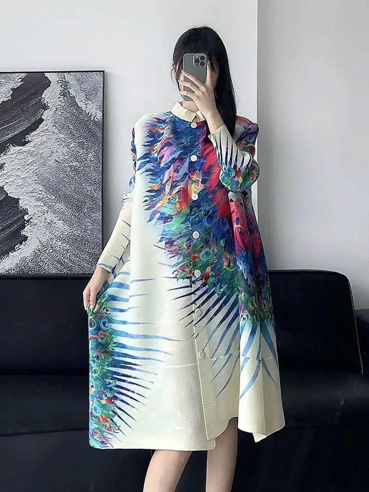 LANMREM Printed Ethnic Style Elegant Pleated Dress Women Stand Collar Long Sleeves Color Block Fashion Dresses 2DA7805