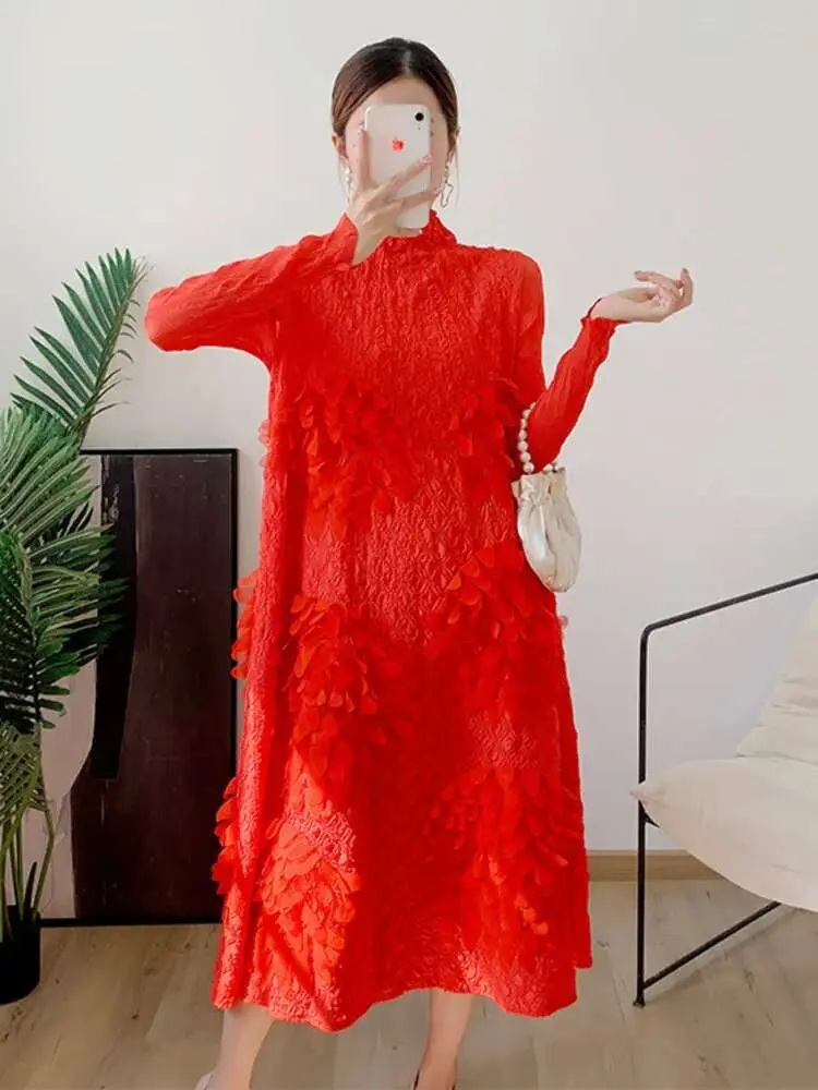 LANMREM High End Pleated Dress For Women Turtleneck Long Sleeves Tassel Elegant Style Ladies Holiday Clothing 2025 Spring 2R7632