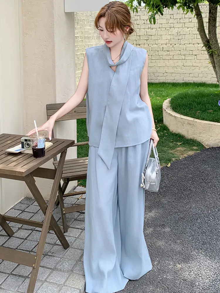 LANMREM Korean Style Elegant Cotton Linen Sleeveless Top + Wide-leg Pants Two-piece Set 2025 Summer New Fashion Clothes 2DM1006