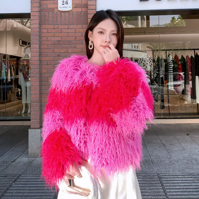LANMREM Faux Shearling Wool Short Coat Rose Red And Pink ColorBlock Patchwork Design Winter Warm O-neck Thick Jacket 2DB3941