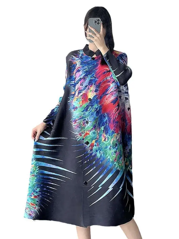 LANMREM Printed Ethnic Style Elegant Pleated Dress Women Stand Collar Long Sleeves Color Block Fashion Dresses 2DA7805