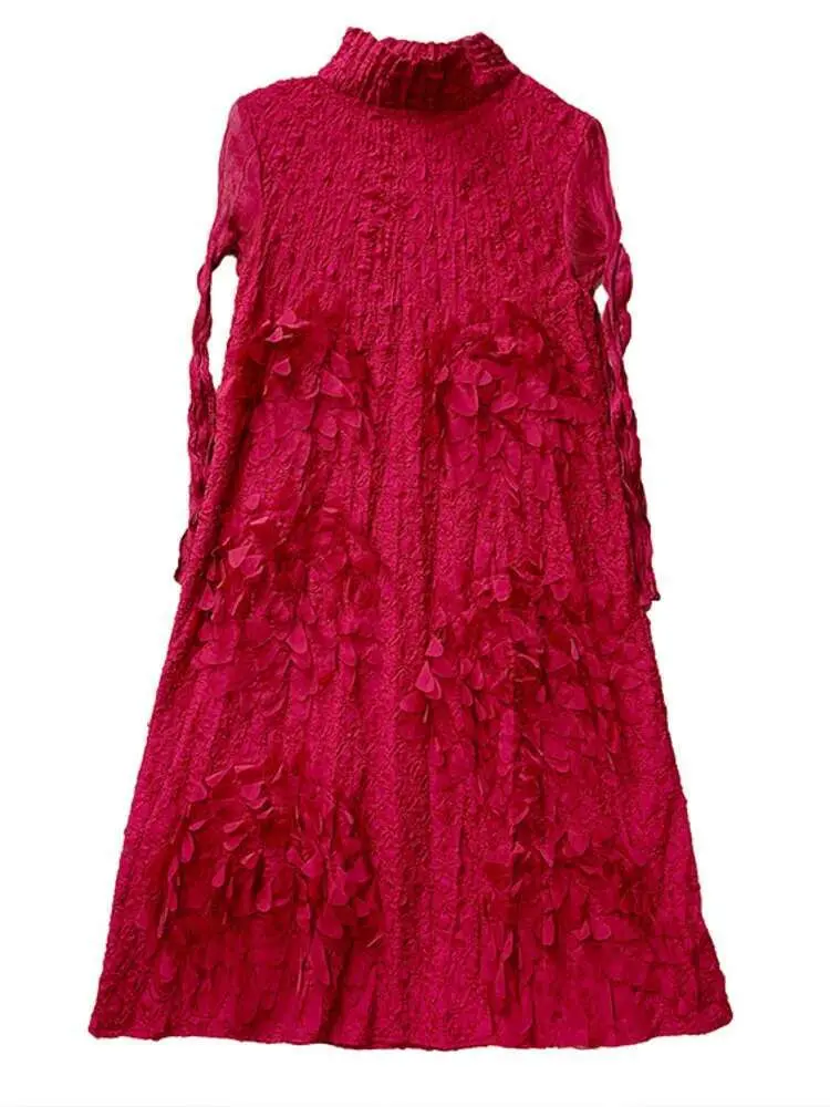 LANMREM High End Pleated Dress For Women Turtleneck Long Sleeves Tassel Elegant Style Ladies Holiday Clothing 2025 Spring 2R7632