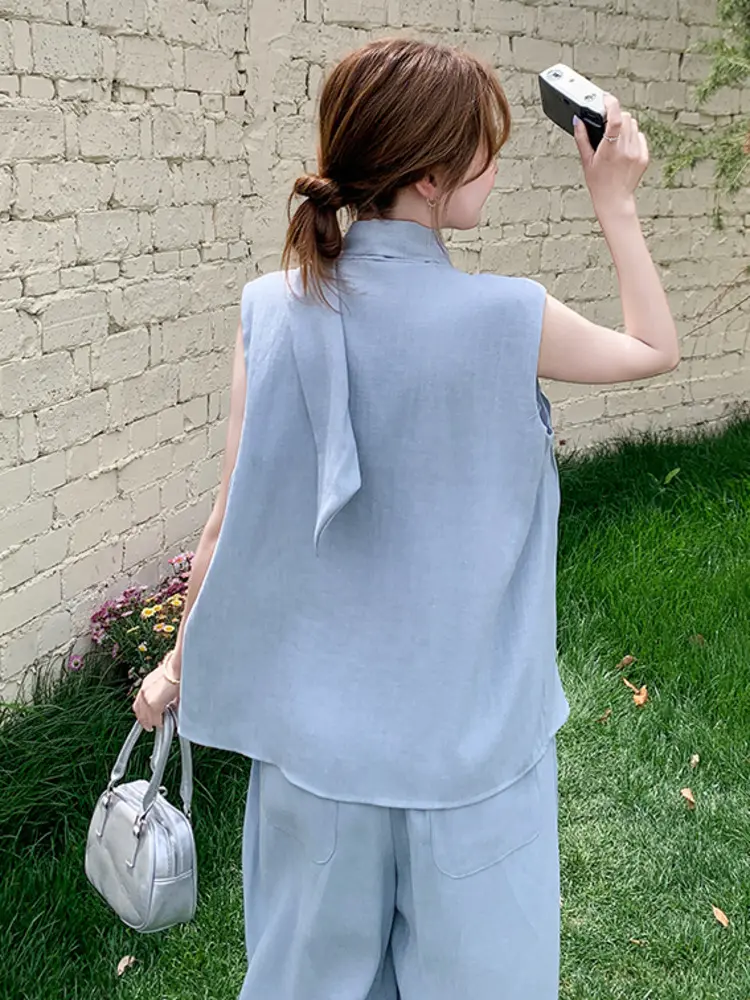 LANMREM Korean Style Elegant Cotton Linen Sleeveless Top + Wide-leg Pants Two-piece Set 2025 Summer New Fashion Clothes 2DM1006