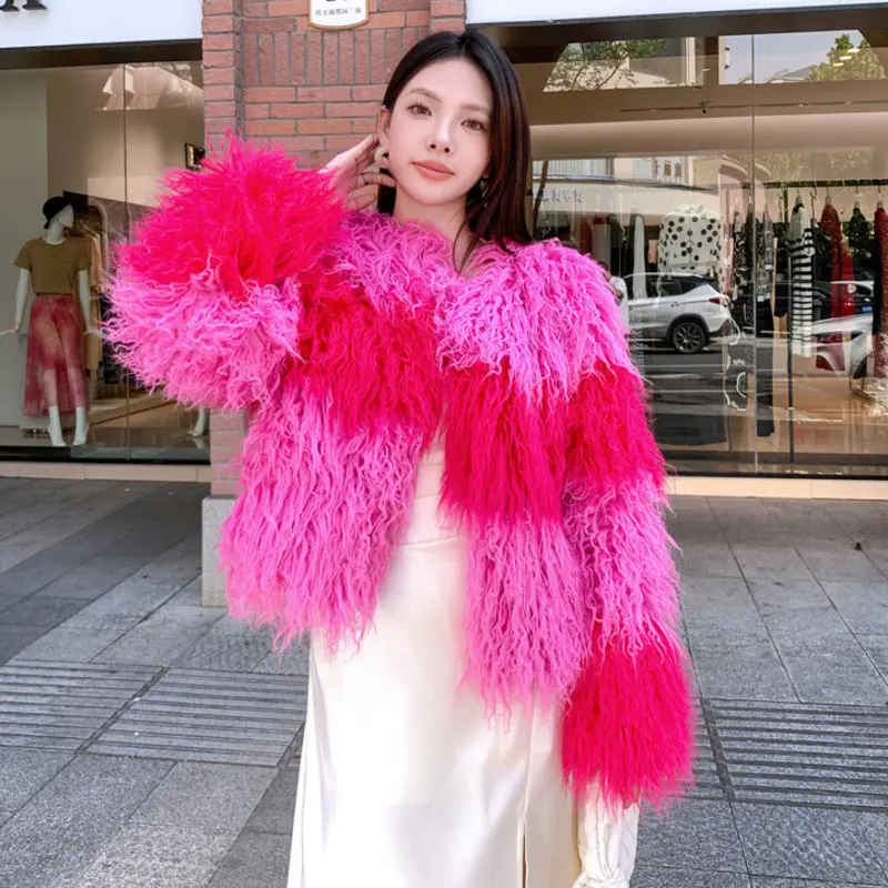 LANMREM Faux Shearling Wool Short Coat Rose Red And Pink ColorBlock Patchwork Design Winter Warm O-neck Thick Jacket 2DB3941