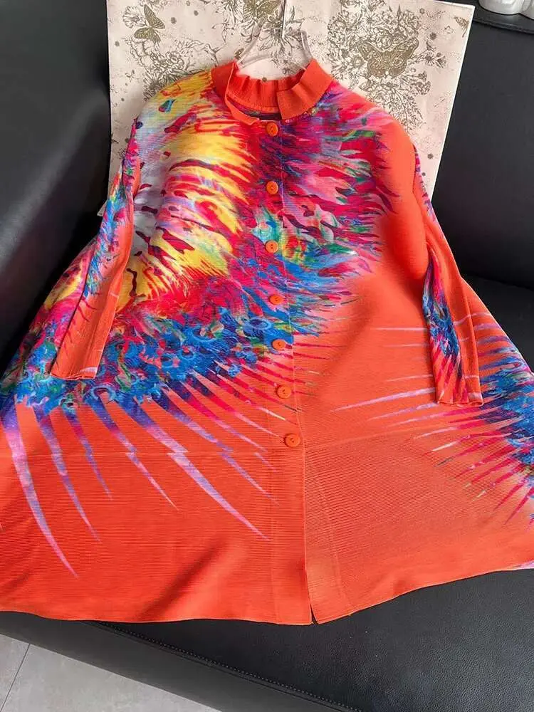 LANMREM Printed Ethnic Style Elegant Pleated Dress Women Stand Collar Long Sleeves Color Block Fashion Dresses 2DA7805