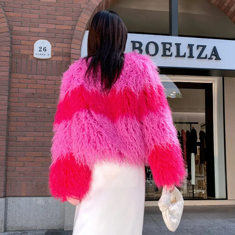 LANMREM Faux Shearling Wool Short Coat Rose Red And Pink ColorBlock Patchwork Design Winter Warm O-neck Thick Jacket 2DB3941