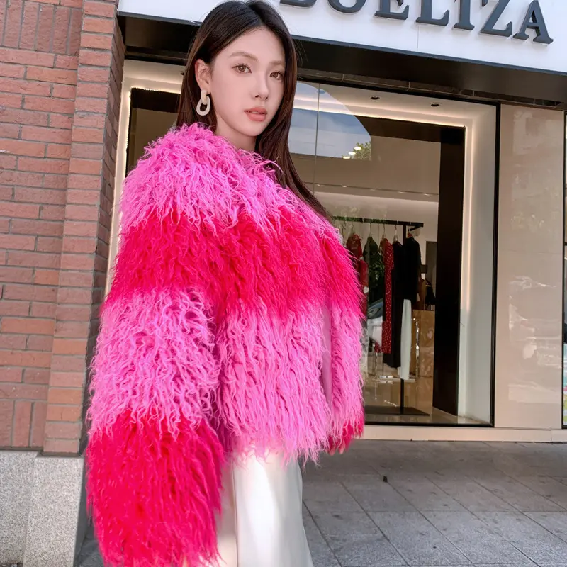 LANMREM Faux Shearling Wool Short Coat Rose Red And Pink ColorBlock Patchwork Design Winter Warm O-neck Thick Jacket 2DB3941