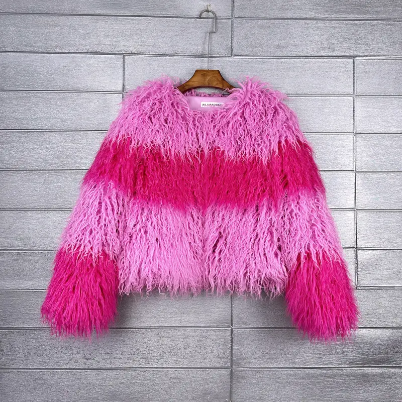 LANMREM Faux Shearling Wool Short Coat Rose Red And Pink ColorBlock Patchwork Design Winter Warm O-neck Thick Jacket 2DB3941