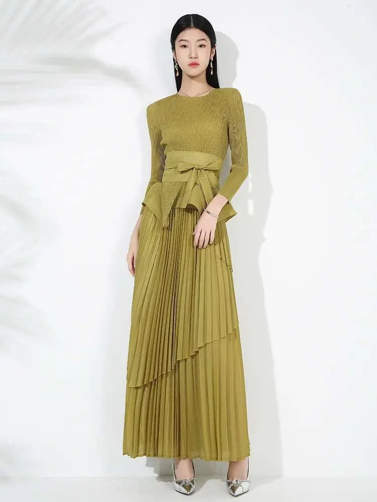 LANMREM 2 Pieces Pleated Set For Women Irregular Ruffles Top With Long Fashion Skirts Female Fashion Party Clothing New 2DB1445