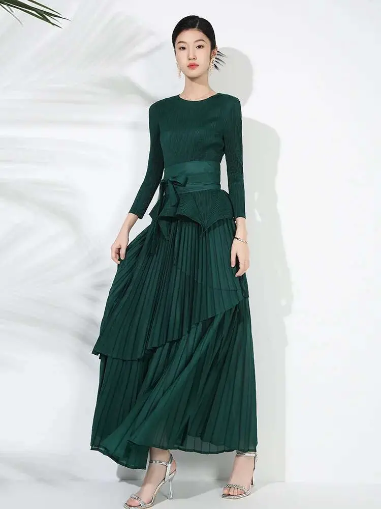 LANMREM 2 Pieces Pleated Set For Women Irregular Ruffles Top With Long Fashion Skirts Female Fashion Party Clothing New 2DB1445