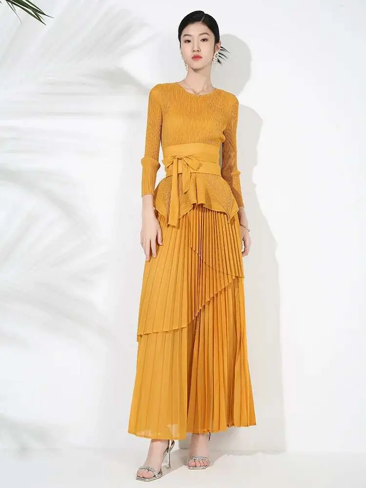 LANMREM 2 Pieces Pleated Set For Women Irregular Ruffles Top With Long Fashion Skirts Female Fashion Party Clothing New 2DB1445