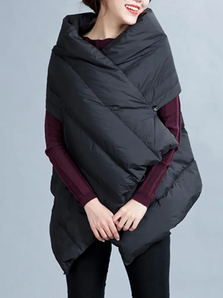 LANMREM Fashion Designer Down Coat Women Irregular Button Short Sleeves Solid Color Warm Clothing Causal 2024 Winter New 2VV224