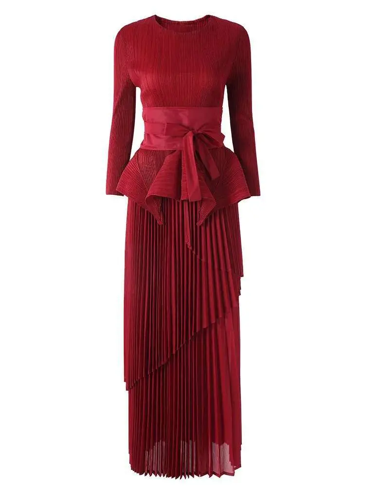 LANMREM 2 Pieces Pleated Set For Women Irregular Ruffles Top With Long Fashion Skirts Female Fashion Party Clothing New 2DB1445