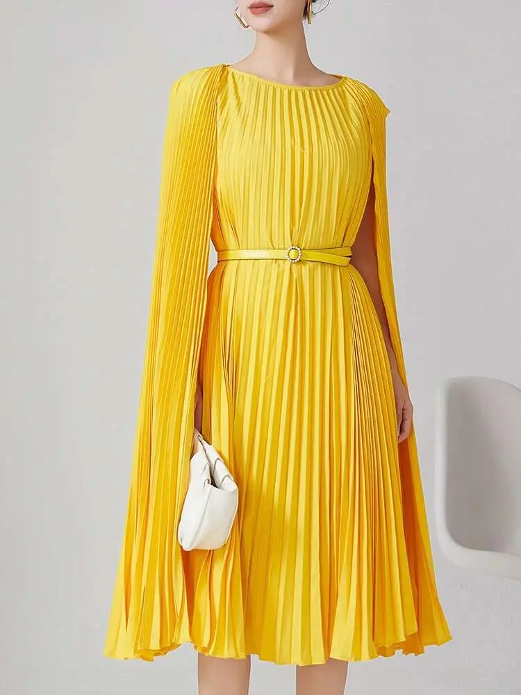 LANMREM Irregular Dress For Women Mid Length Solid Color Pleated Stitching Belt Luxury Dresses 2024 New Female Party 2DB1288