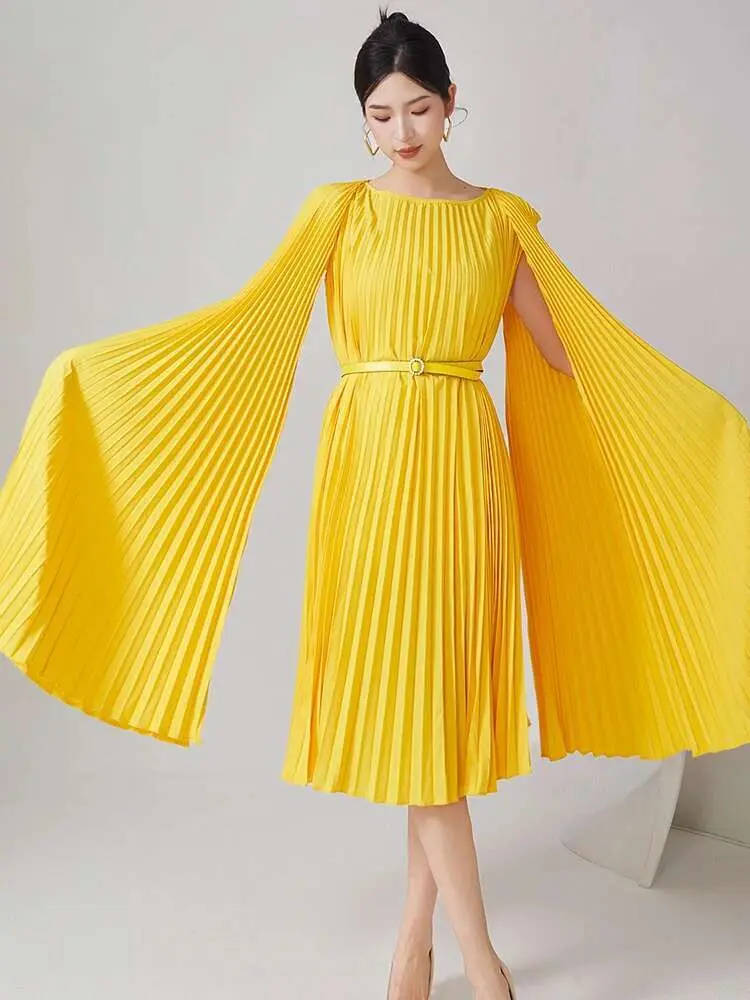 LANMREM Irregular Dress For Women Mid Length Solid Color Pleated Stitching Belt Luxury Dresses 2024 New Female Party 2DB1288