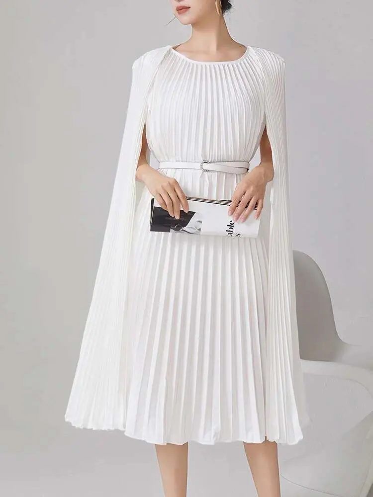 LANMREM Irregular Dress For Women Mid Length Solid Color Pleated Stitching Belt Luxury Dresses 2024 New Female Party 2DB1288