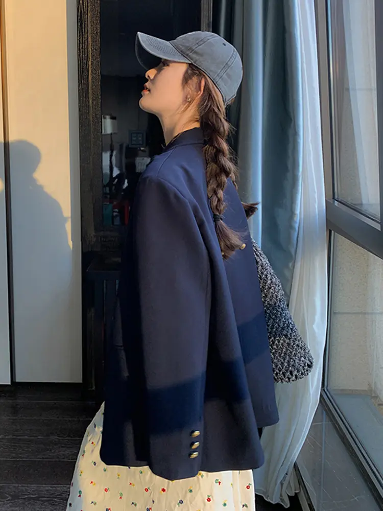 LANMREM Women Blazer Coat Notched Collar Full Sleeves Single Breasted Navy Blue Jacket Coats Female Fashion Korean Style 2DC1508