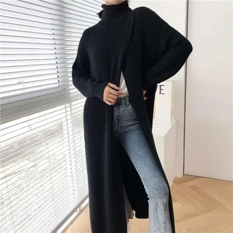 LANMREM Women's Long Turtleneck Sweater Design Pullover Base With Split Fit Long Sleeve 2025 New Kintted Clothes Famale YJ968