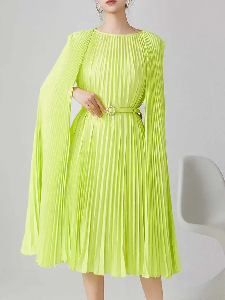 LANMREM Irregular Dress For Women Mid Length Solid Color Pleated Stitching Belt Luxury Dresses 2024 New Female Party 2DB1288