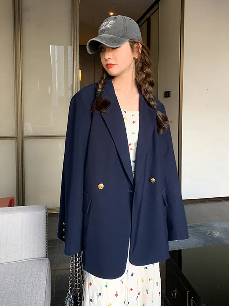 LANMREM Women Blazer Coat Notched Collar Full Sleeves Single Breasted Navy Blue Jacket Coats Female Fashion Korean Style 2DC1508