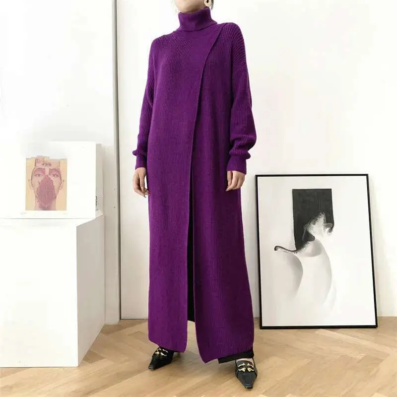 LANMREM Women's Long Turtleneck Sweater Design Pullover Base With Split Fit Long Sleeve 2025 New Kintted Clothes Famale YJ968