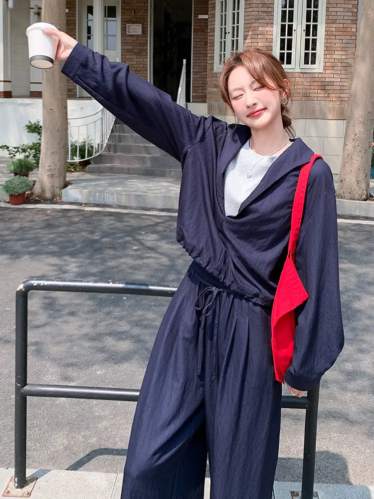 LANMREM Navy blue chic pants set women 2025 new loose casual lapel fake two pieces top and elastic waist wide leg pants sets