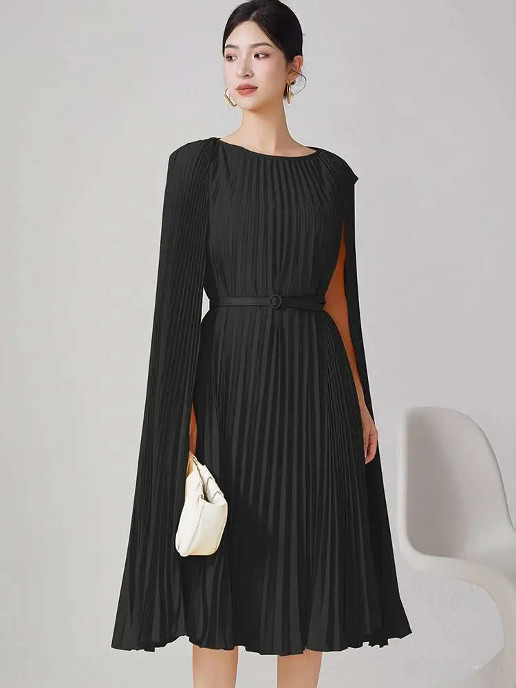 LANMREM Irregular Dress For Women Mid Length Solid Color Pleated Stitching Belt Luxury Dresses 2024 New Female Party 2DB1288