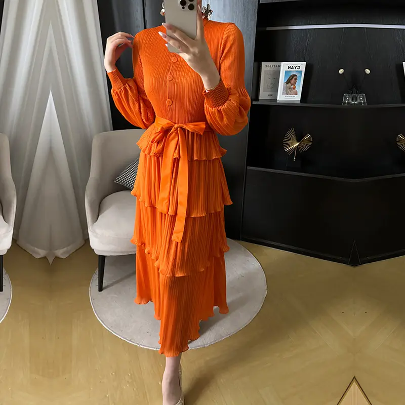 LANMREM Ruffles Spliced Pleated Women's Dress Stand Collar Belt Gathered Waist Long Dresses Fashion Party 2025 New 2DA4614