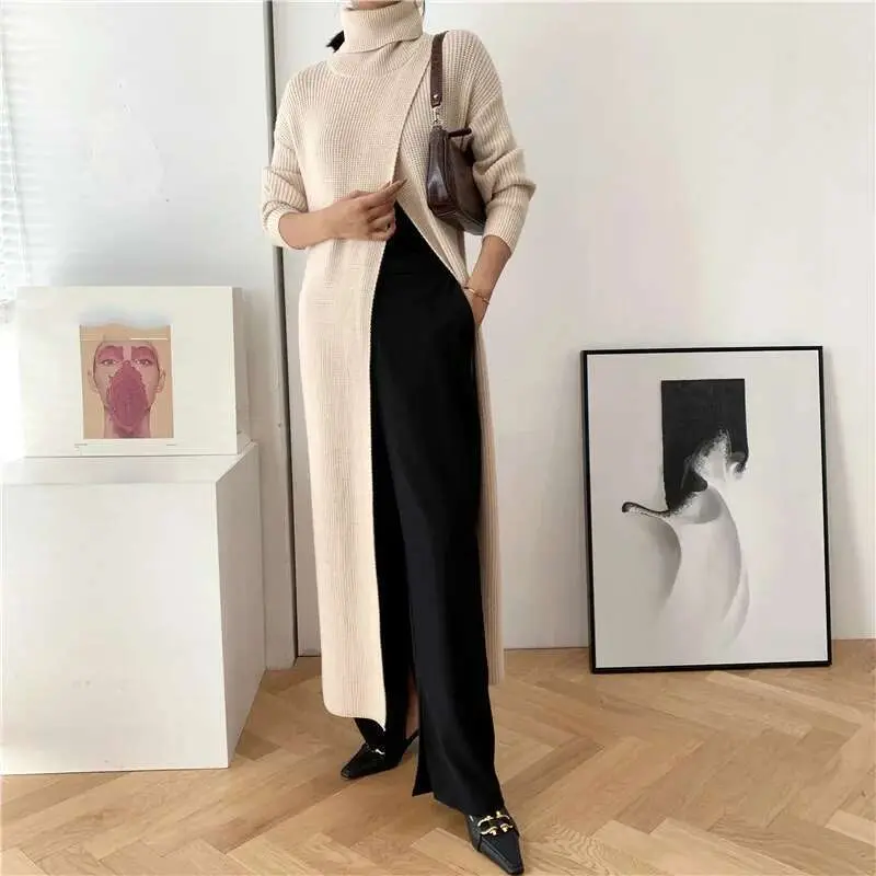 LANMREM Women's Long Turtleneck Sweater Design Pullover Base With Split Fit Long Sleeve 2025 New Kintted Clothes Famale YJ968